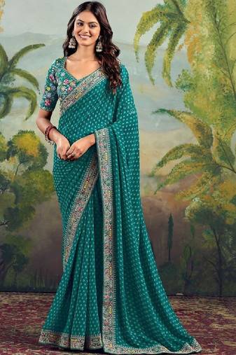 Ethnic motifs embroidered pure georgette heavy work bandhani saree