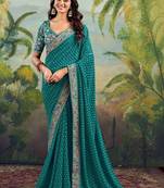 Ethnic motifs embroidered pure georgette heavy work bandhani saree