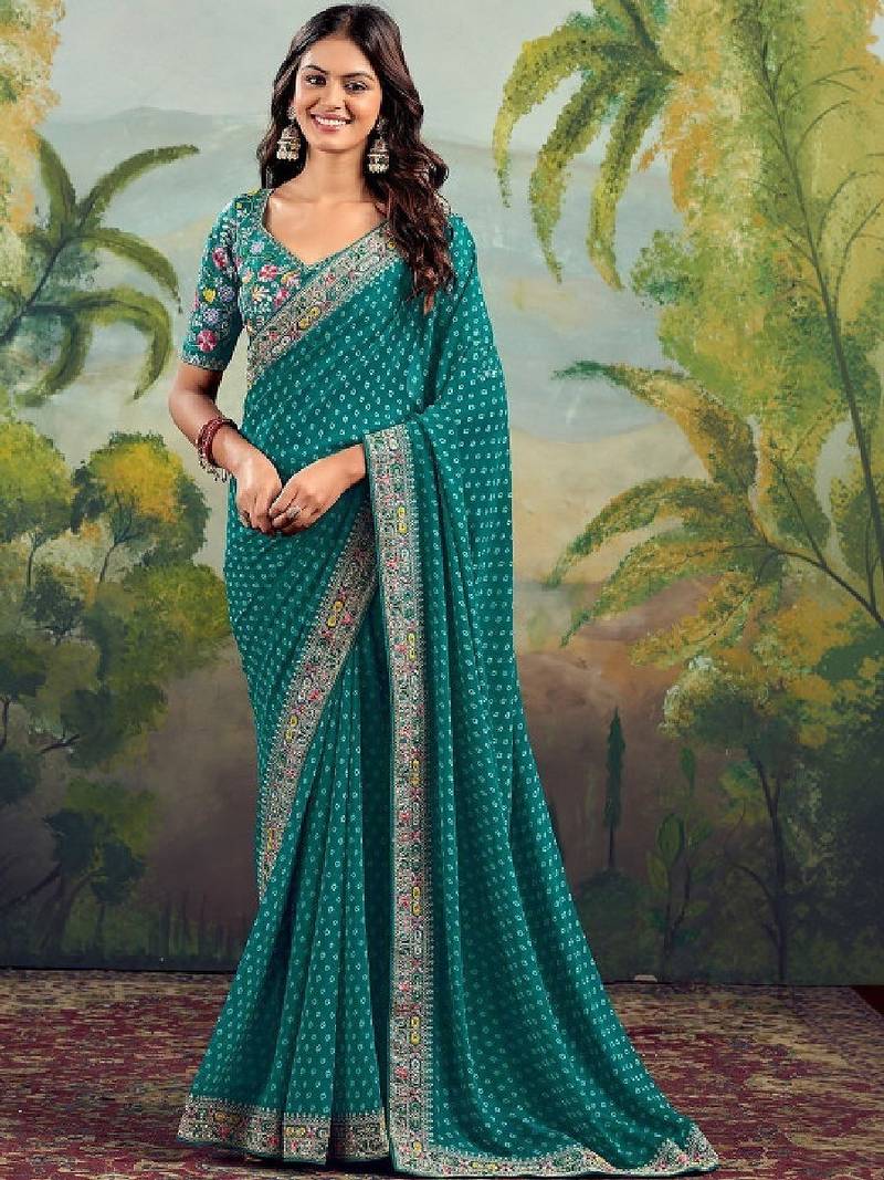 Ethnic motifs embroidered pure georgette heavy work bandhani saree
