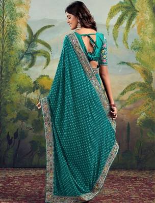 Ethnic motifs embroidered pure georgette heavy work bandhani saree 2