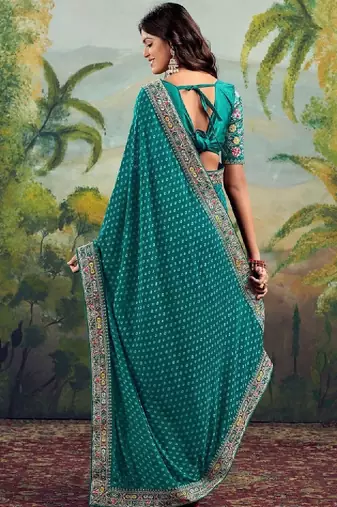 Ethnic motifs embroidered pure georgette heavy work bandhani saree