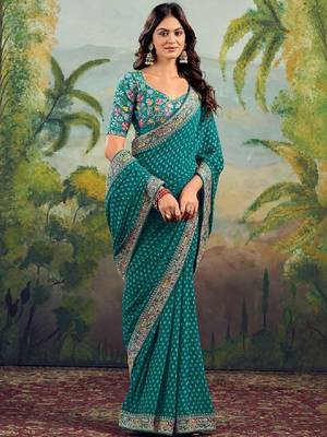 Ethnic motifs embroidered pure georgette heavy work bandhani saree 3