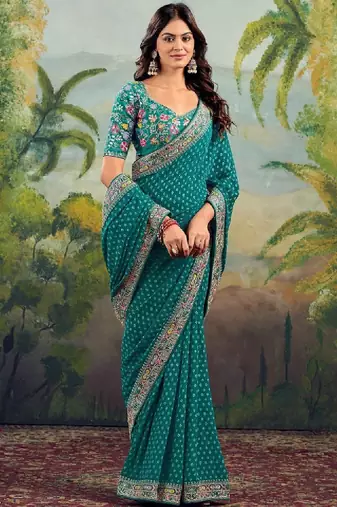 Ethnic motifs embroidered pure georgette heavy work bandhani saree
