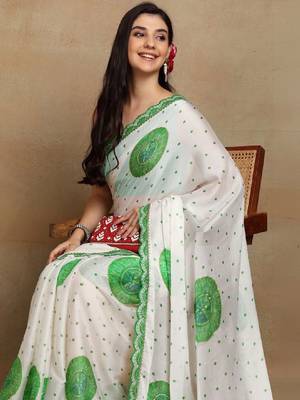 Ethnic motifs embroidered poly chiffon bandhani saree 1