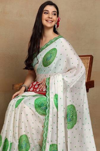 Ethnic motifs embroidered poly chiffon bandhani saree