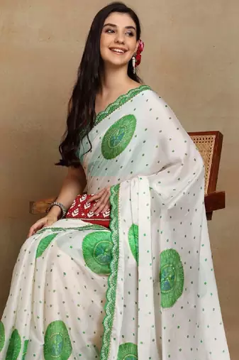 Ethnic motifs embroidered poly chiffon bandhani saree