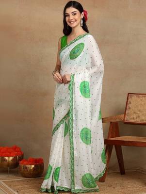 Ethnic motifs embroidered poly chiffon bandhani saree 2