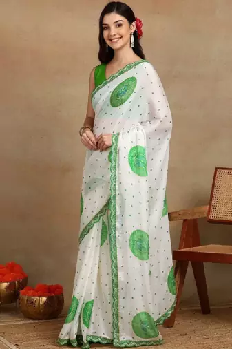 Ethnic motifs embroidered poly chiffon bandhani saree