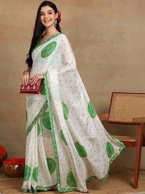 Ethnic motifs embroidered poly chiffon bandhani saree 4