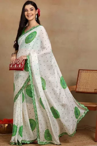 Ethnic motifs embroidered poly chiffon bandhani saree