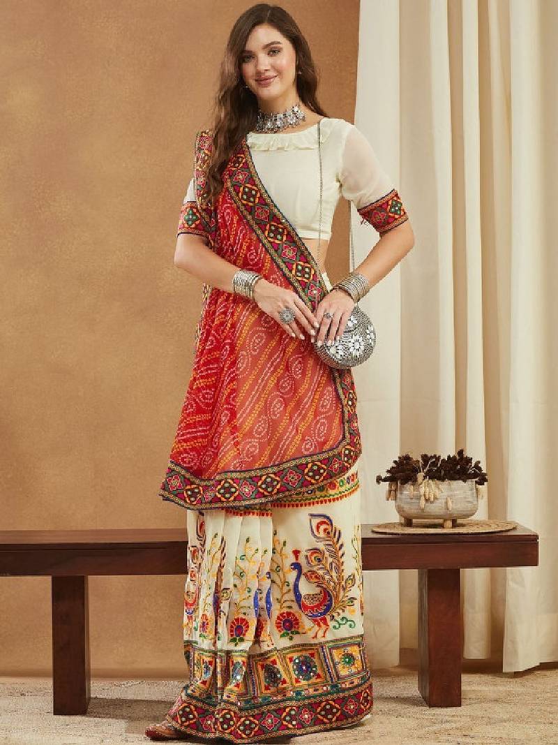 Bandhani mirror work pure georgette designer bandhani saree