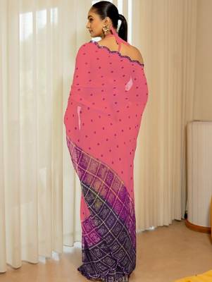 Ethnic motifs mirror work poly georgette bandhani saree 2