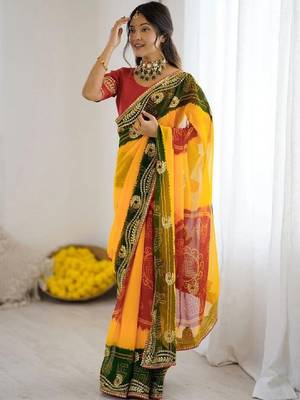 Womens georgette bandhani embroidered sarees 1