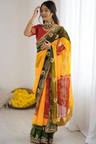 Womens georgette bandhani embroidered sarees