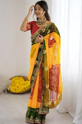 Womens georgette bandhani embroidered sarees
