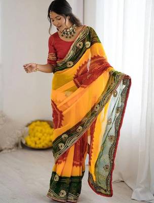 Womens georgette bandhani embroidered sarees 4