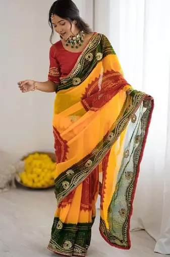 Womens georgette bandhani embroidered sarees