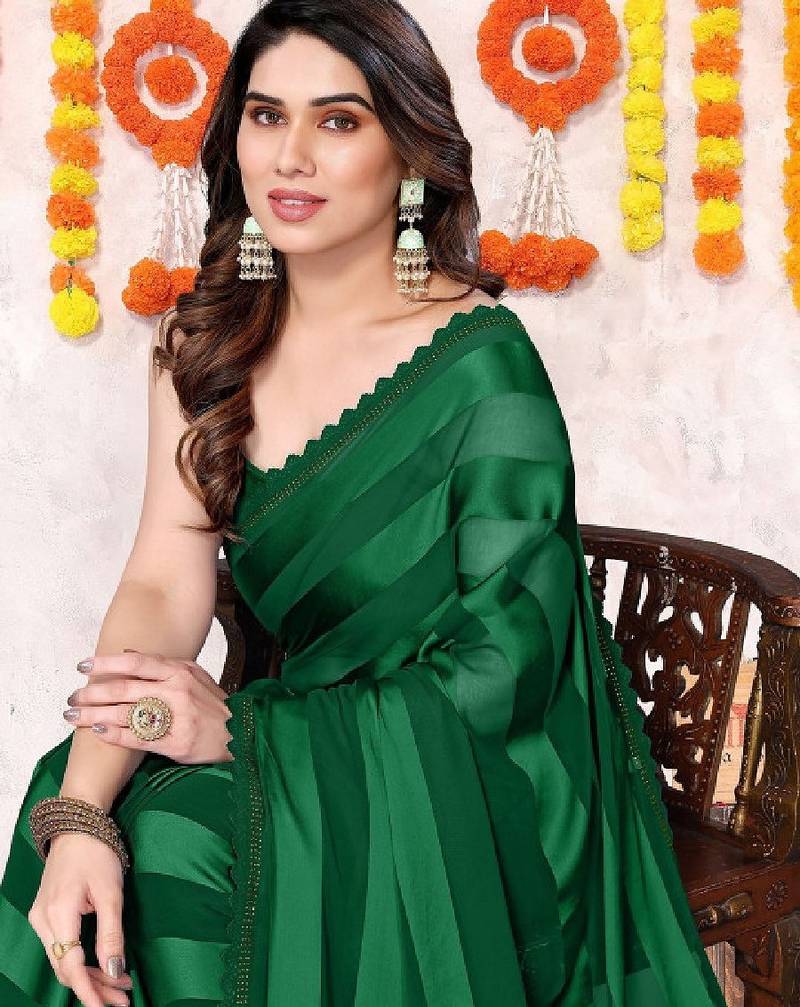 Striped beads and stones leheriya saree