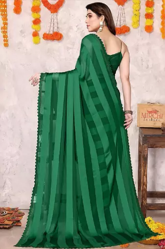 Striped beads and stones leheriya saree
