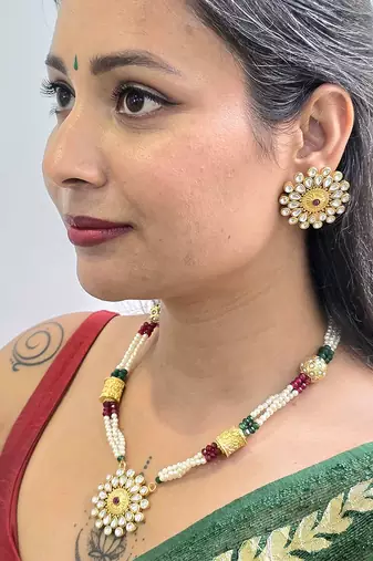 Gold plated ruby red stone floral necklace set