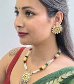 Gold plated ruby red stone floral necklace set