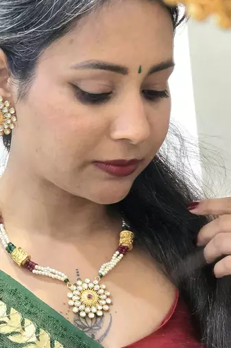 Gold plated ruby red stone floral necklace set