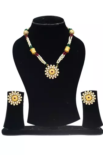 Gold plated ruby red stone floral necklace set