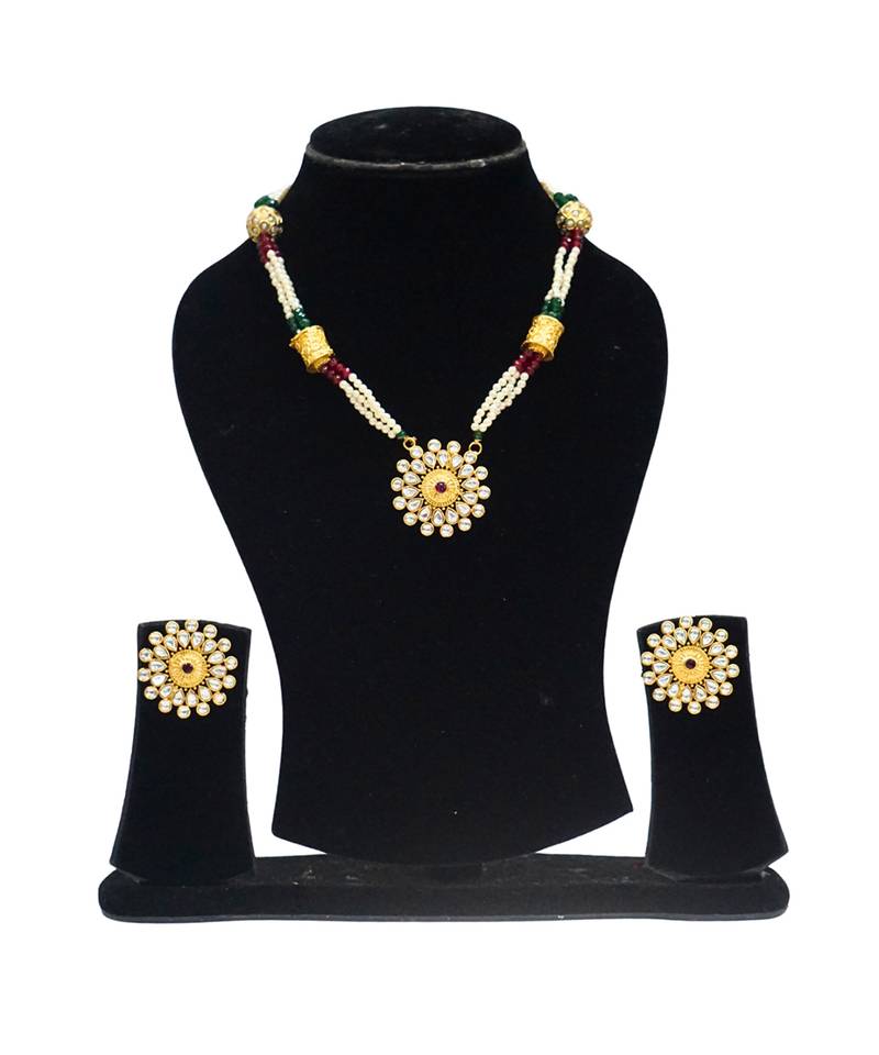 Gold plated ruby red stone floral necklace set