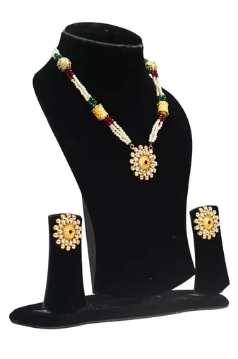Gold plated ruby red stone floral necklace set