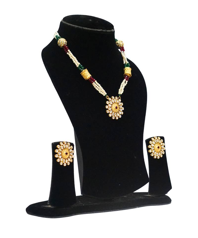 Gold plated ruby red stone floral necklace set