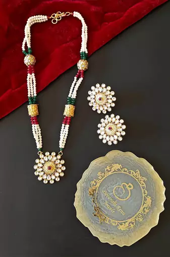 Gold plated ruby red stone floral necklace set