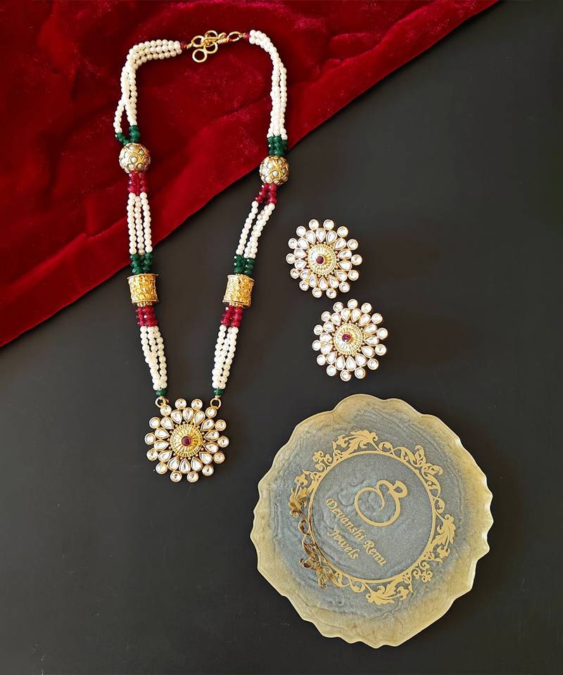 Gold plated ruby red stone floral necklace set