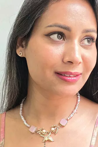 Gold plated pink stone beaded necklace