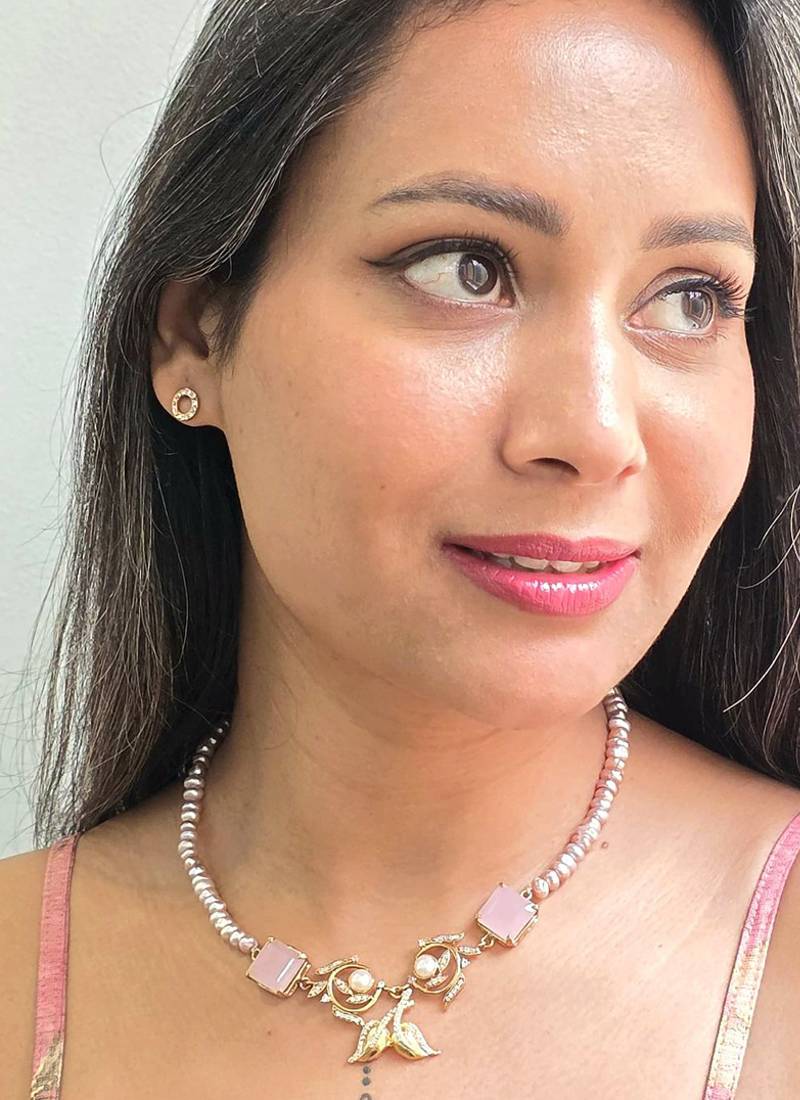 Gold plated pink stone beaded necklace