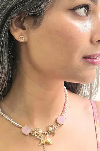 Gold plated pink stone beaded necklace
