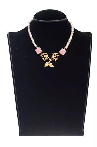 Gold plated pink stone beaded necklace