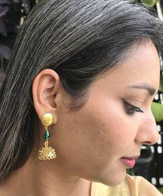 Gold plated green drop jhumka earrrings 1