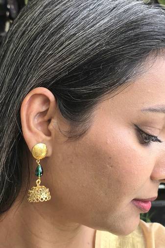 Gold plated green drop jhumka earrrings