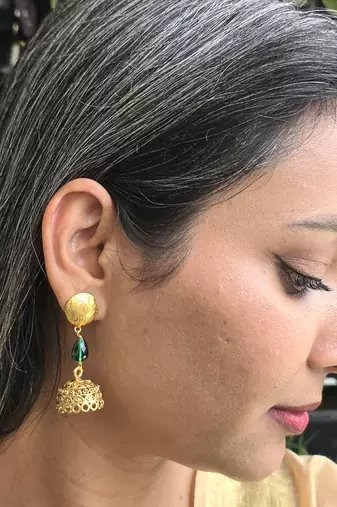 Gold plated green drop jhumka earrrings