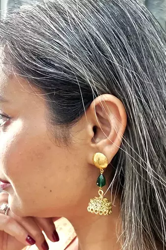 Gold plated green drop jhumka earrrings