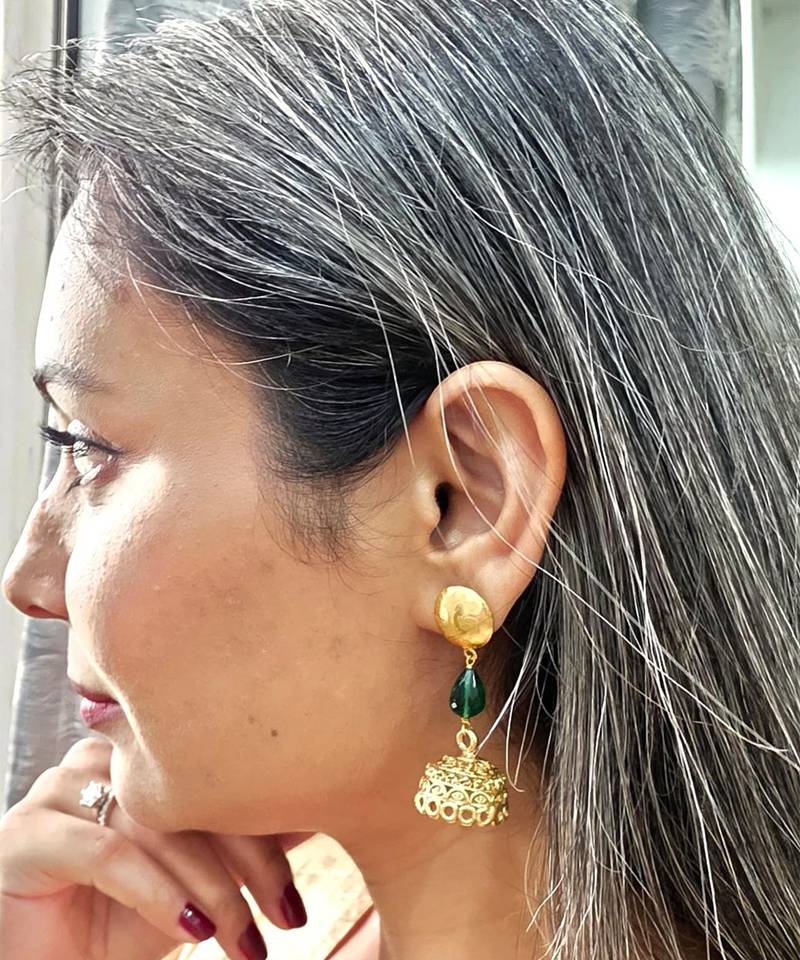 Gold plated green drop jhumka earrrings