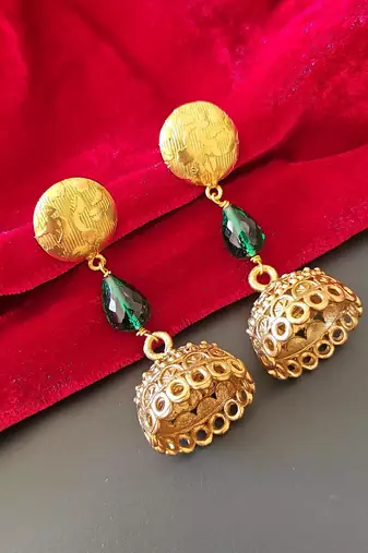 Gold plated green drop jhumka earrrings