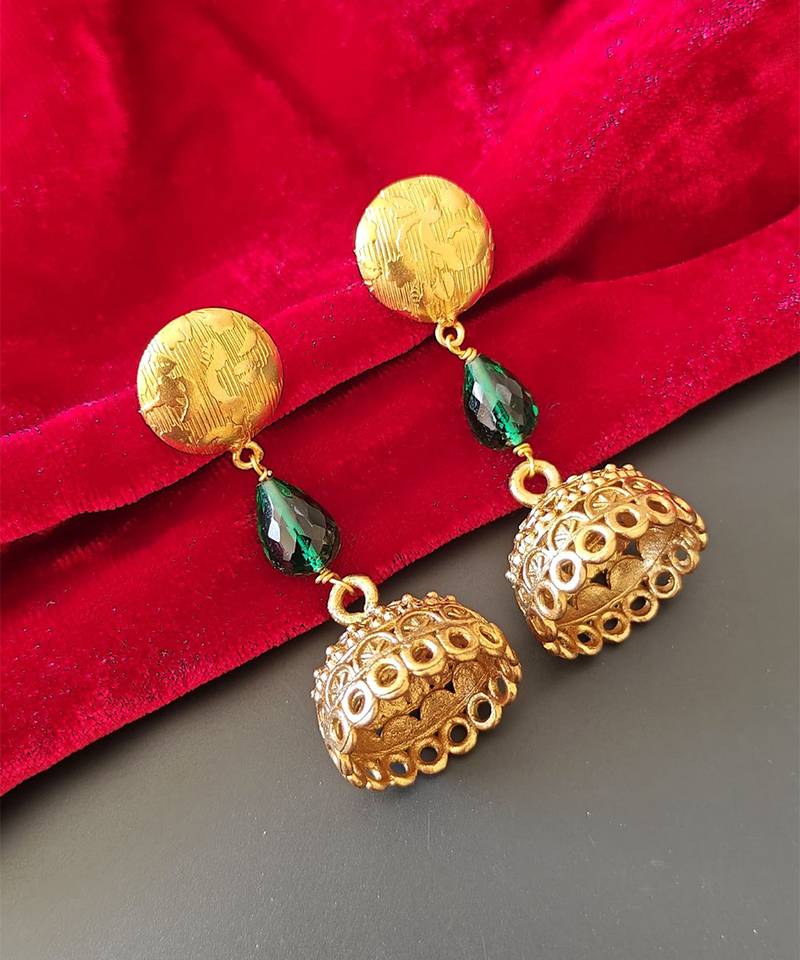 Gold plated green drop jhumka earrrings