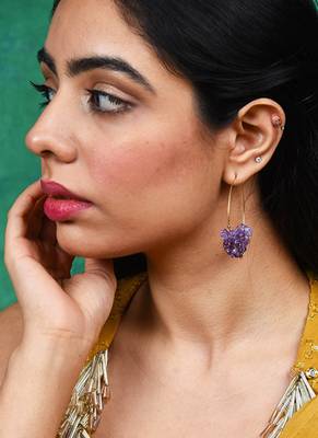 Gold plated purple round danglers earrings 1