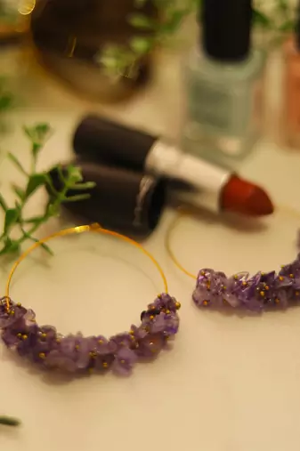 Gold plated purple round danglers earrings
