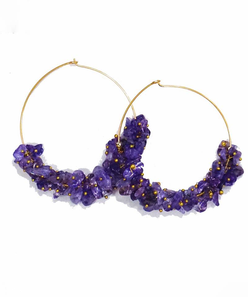Gold plated purple round danglers earrings
