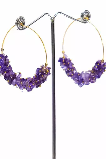 Gold plated purple round danglers earrings