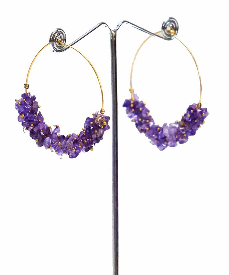 Gold plated purple round danglers earrings
