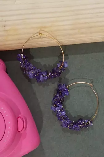 Gold plated purple round danglers earrings