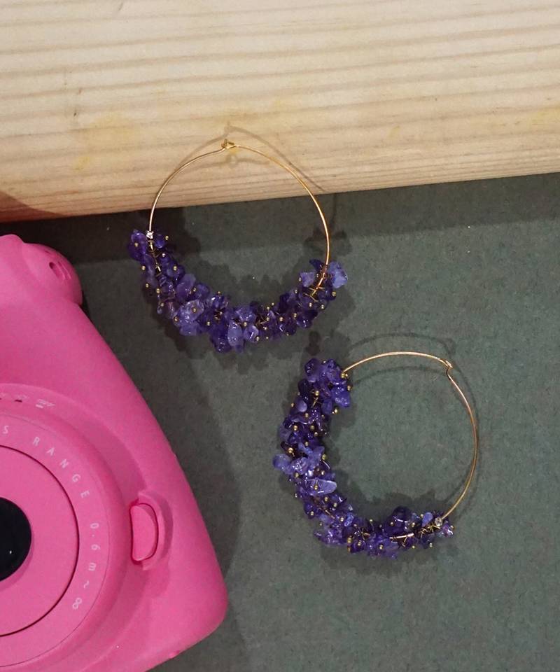 Gold plated purple round danglers earrings